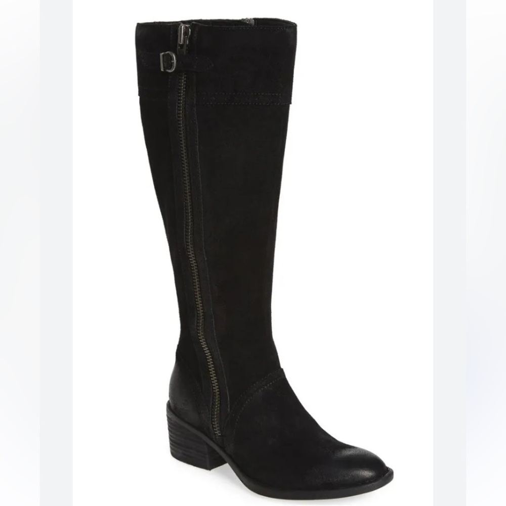 Börn Black Poly Suede Distressed  Tall Boots Double Zipper Extra Wide Calf Sz 6